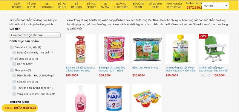 Trang danh mục - Mẫu website bán hàng mẹ và bé